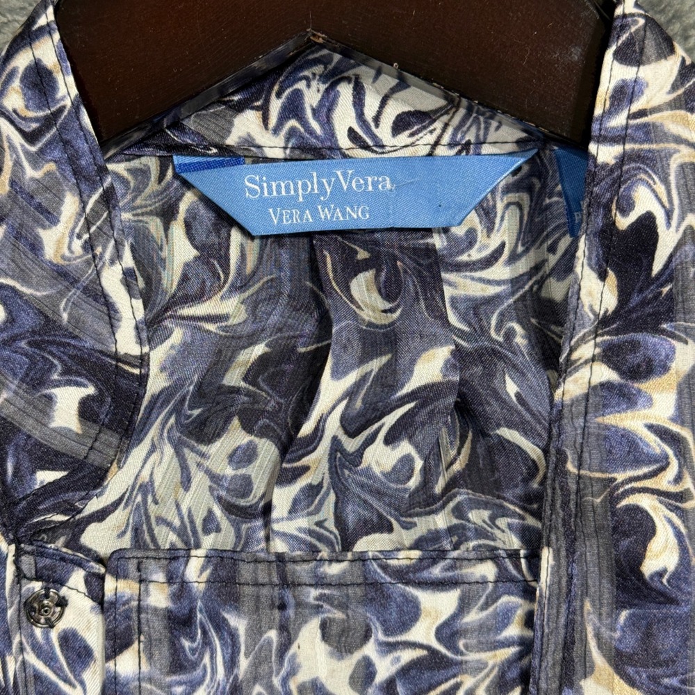 Simply Vera Vera Wang Blouse Womens Medium Blue White Marble Floral RN73277